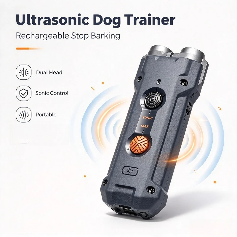 Dual-head Ultrasonic Pet Trainer Rechargeable Portable Outdoor Device with Flash Light for Dog Behavior Training