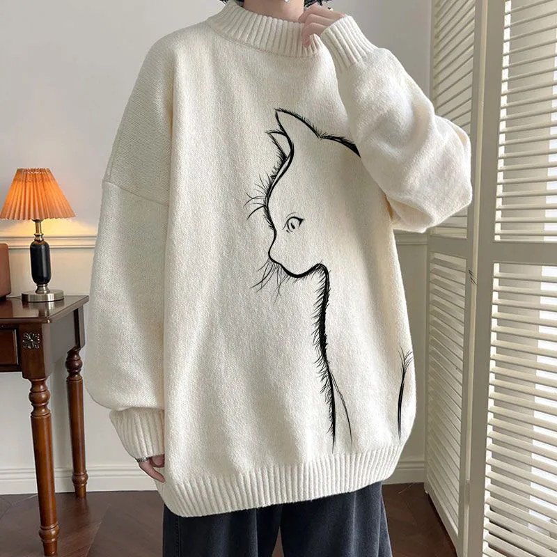 Unisex Cute Cat Print Sweater, Extra Large Pullover, Casual Street Clothing, Harajuku Fashion, Autumn, Winter, 2021