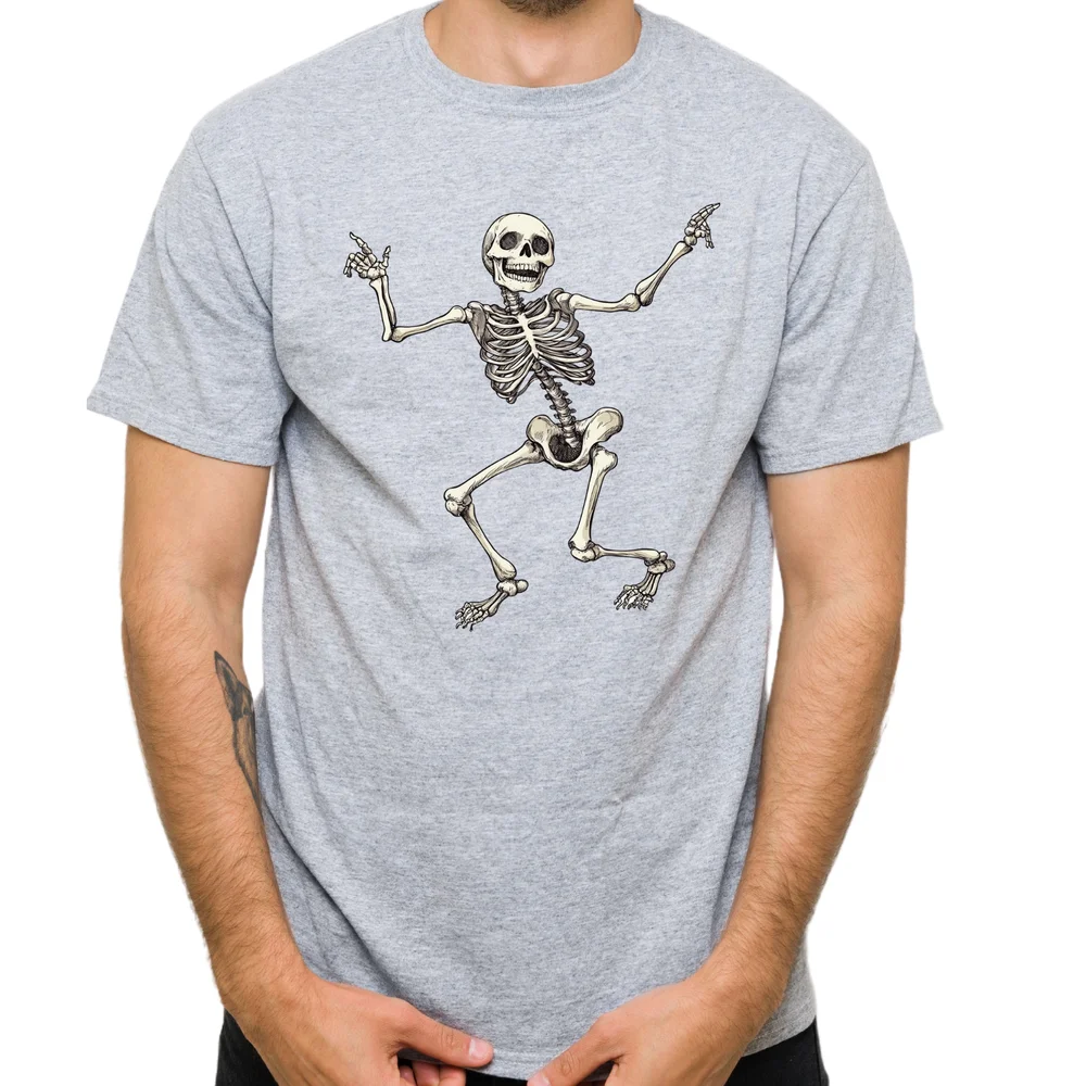 T-shirt unisex Happy Skeleton, maglietta scheletro di Halloween, bianca, nera, grigia