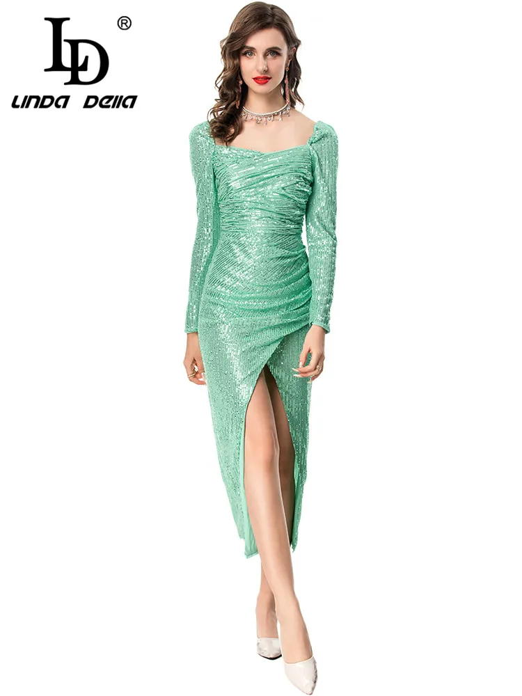 

LD LINDA DELLA Summer 2024 luxury Designer Dresses for women Vintage Temperament Sequins Ruched Split Sexy Bodycon Dresses