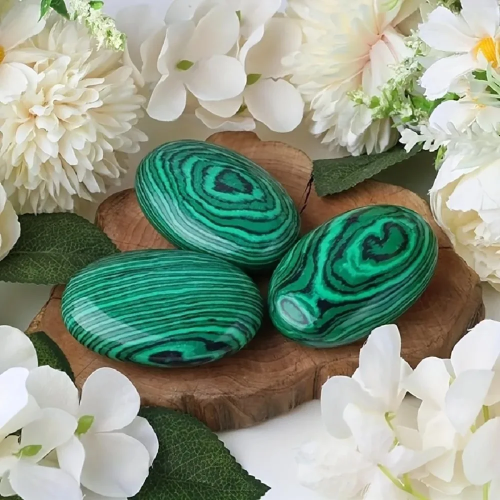 Polished Natural Malachite Palm Stone, Oval Crystal Reiki Healing Specimen for Yoga Meditation, Chakra Balancing