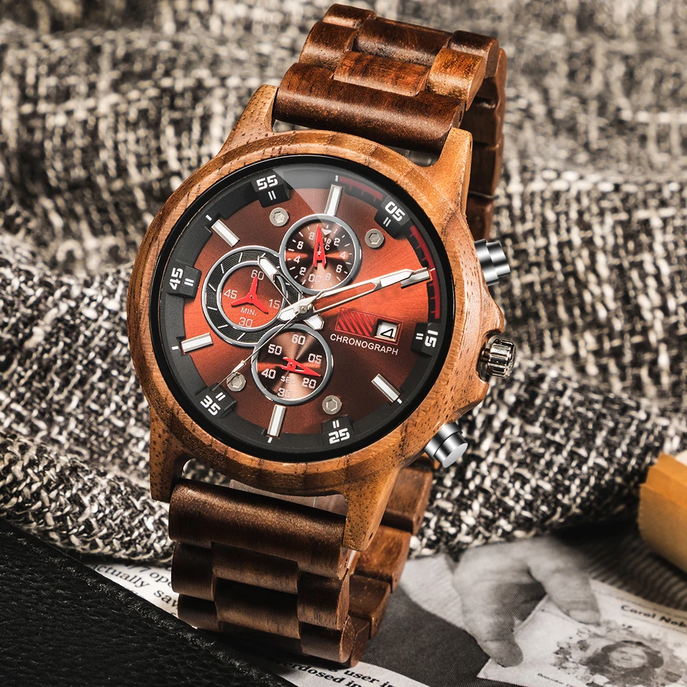Vintage Natural Wooden Watch Men Luxury Stylish Wood Timepieces Chronograph Military Quartz Watches Custom Wood Watches Gift