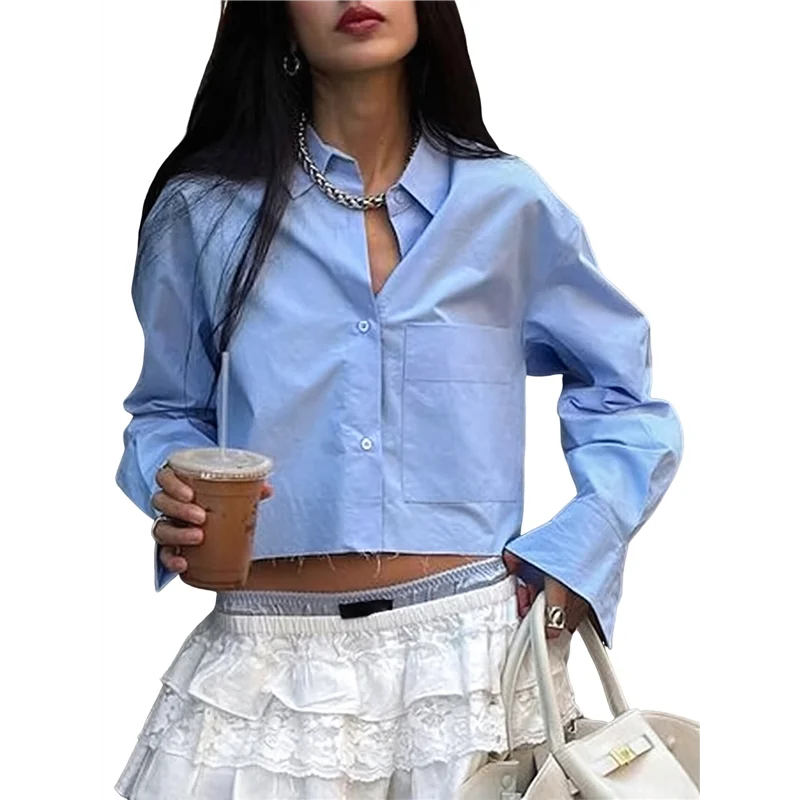 

ABRT-Womens Button Down Cropped Shirts Long Sleeve Casual Crop Tops Solid Lapel Blouse Shirt With Chest Pocket