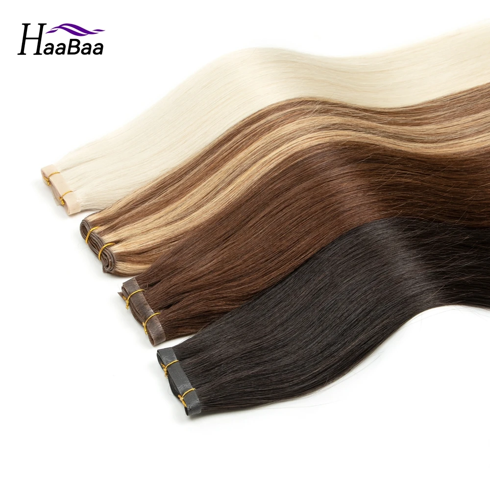 PU Skin Weft Human Hair Extensions Straight 12"-22" Inject Invisible PU Weft Hair 95-100g Sew in/Micro Loop/Tape on Glue Haabaa