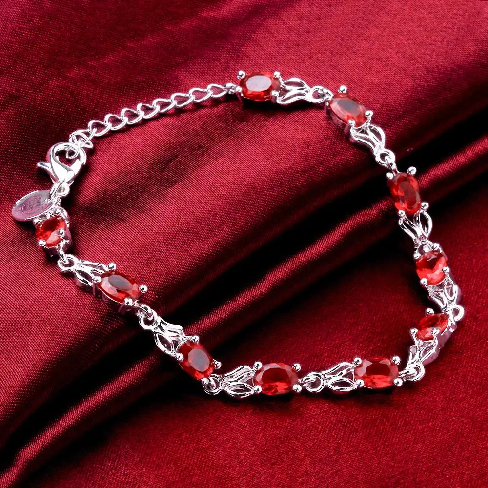 925 Sterling Silver Wild red crystal chain Bracelets for women fashion lady Wedding party beautiful Christmas gifts fine Jewelry