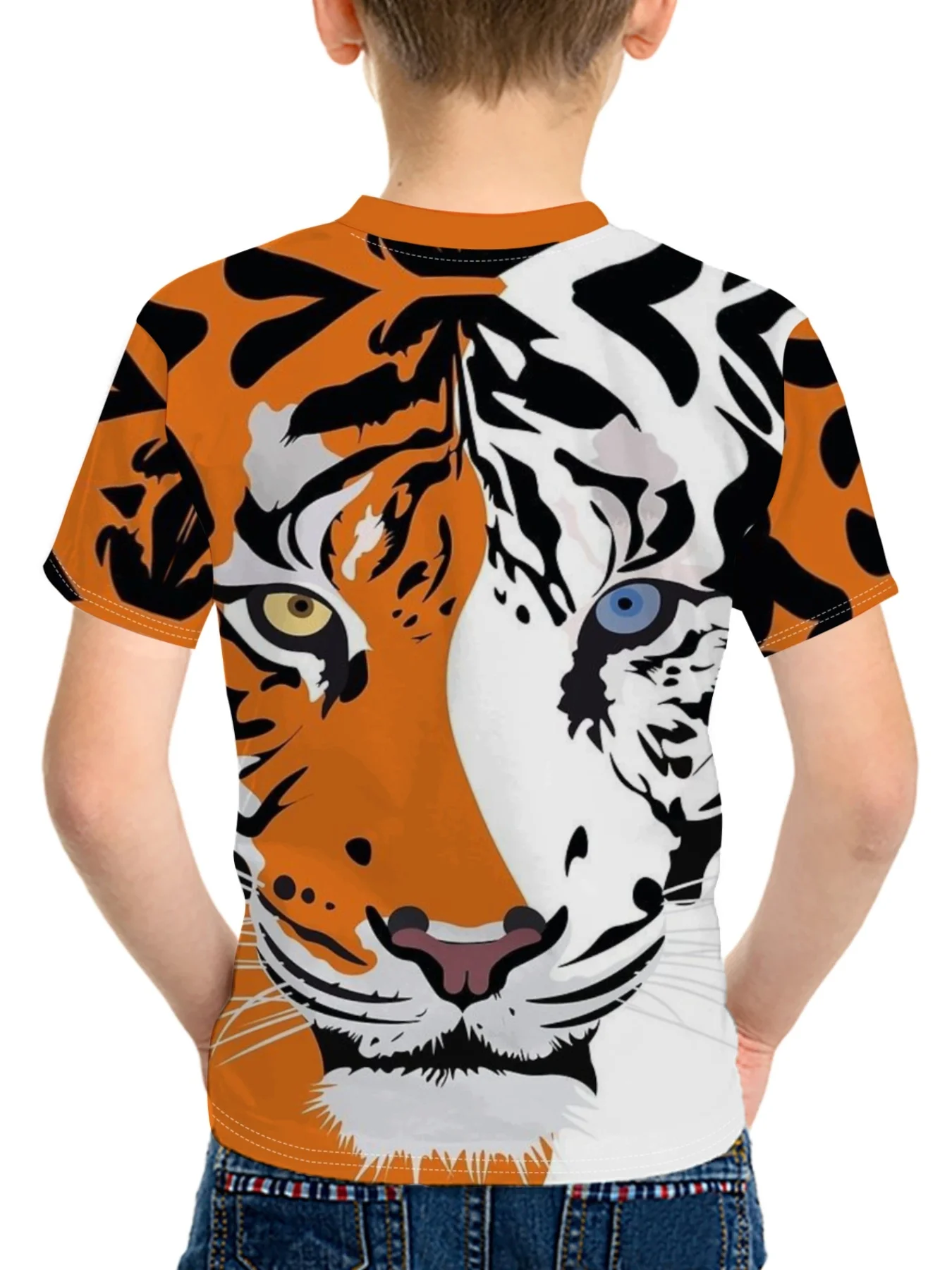 Boys Summer Short Sleeve T-Shirt, Half Orange White Tiger Graphic Print, Toddler Crew Neck Casual Animal Tee