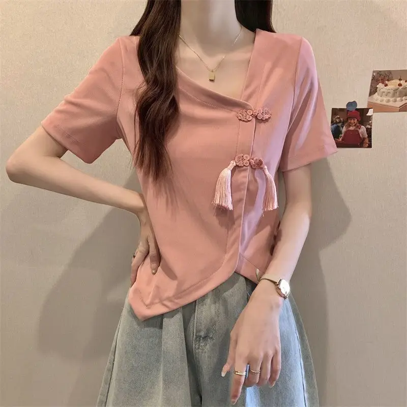 Women Summer Chinese Style Simplicity Loose Frog Solid Color V-neck Short Sleeve T-Shirt Women Clothes Casual All-match Top Tee