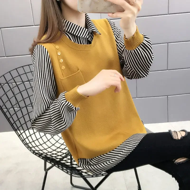 

Spring Autumn New Korean Polo-Neck Shirt Spliced Sweaters Preppy Style Fashion Fake Two Pieces Long Sleeve Loose Knitted Jumpers