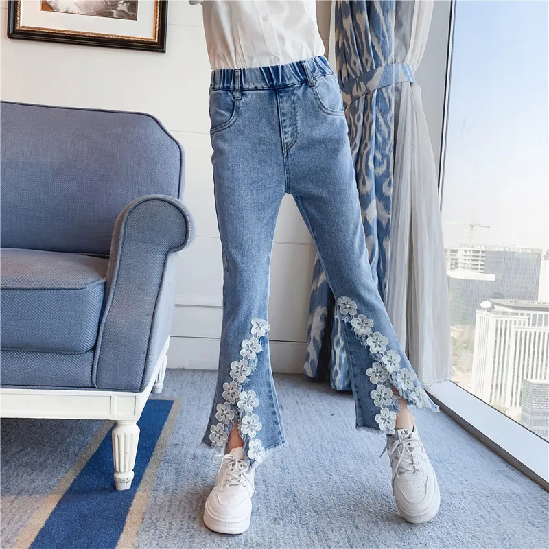 Jean en Denim pour filles de 5 à 14 ans, pantalon élégant et mignon, extensible, joli, avec fleur en dentelle, pour adolescents, printemps