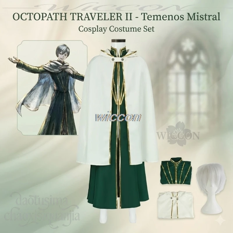 Disfraz de Sacerdote Temenos Mistral, Vestido Verde, Capa Larga, Pelucas, Disfraz de Halloween, Navidad, Cosplay de Anime, Juego OCTOPATH TRAVELER II