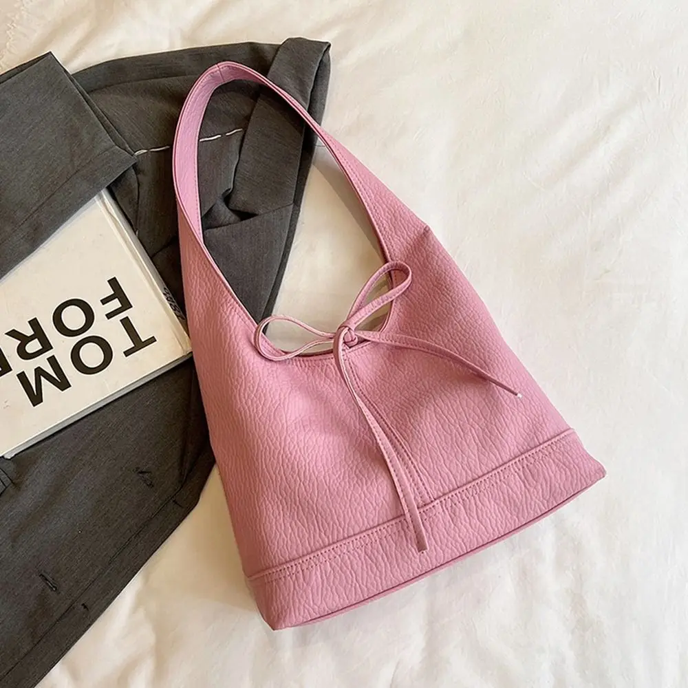 Korean Style Soft Pu Leather Tote Bag Bowknot Pure Color Bow Tie Shoulder Bag All-match Large Capacity Underarm Bag Travel