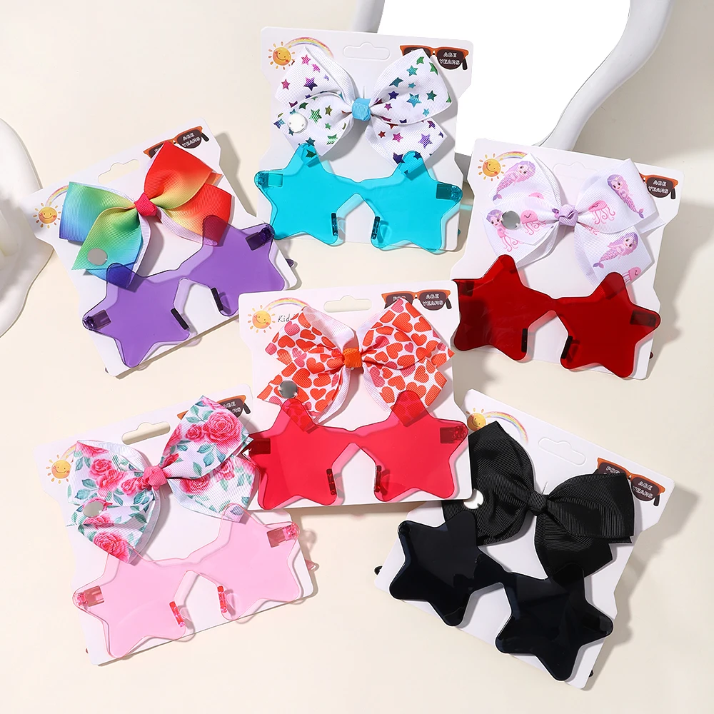 4set Baby Bows Headband Cartoon Sunglasses Girls Beach Photography Props Toddler Headwear Kids Hair Accessories New Year Gift