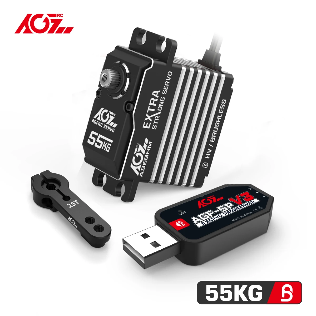 Ingranaggi in acciaio AGFRC A86BHM 55KG Servo Standard Brushless digitale programmabile per scala 1/8 su strada, fuoristrada camion barca aereo