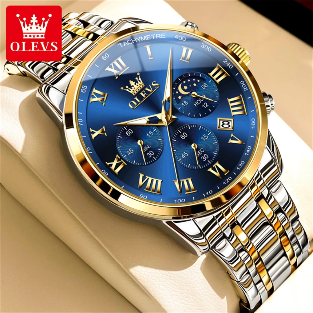 Деловые кварцевые часы OLEVS 5529, подарок, круглый циферблат, браслет из нержавеющей стали, календарь, светящийся