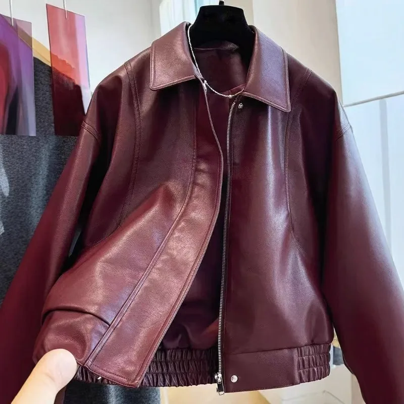European and American Women's Leather Jacket Lapel Casual Loose Short Leather Jacket Top Fashionable and Simple Women's Clothing