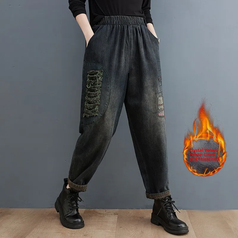 

Thiened Fce Lined Retro Dad Jeans Artistic Loose Fit Slimming Harlan Pants High Waist Long Trousers Winter New Sle