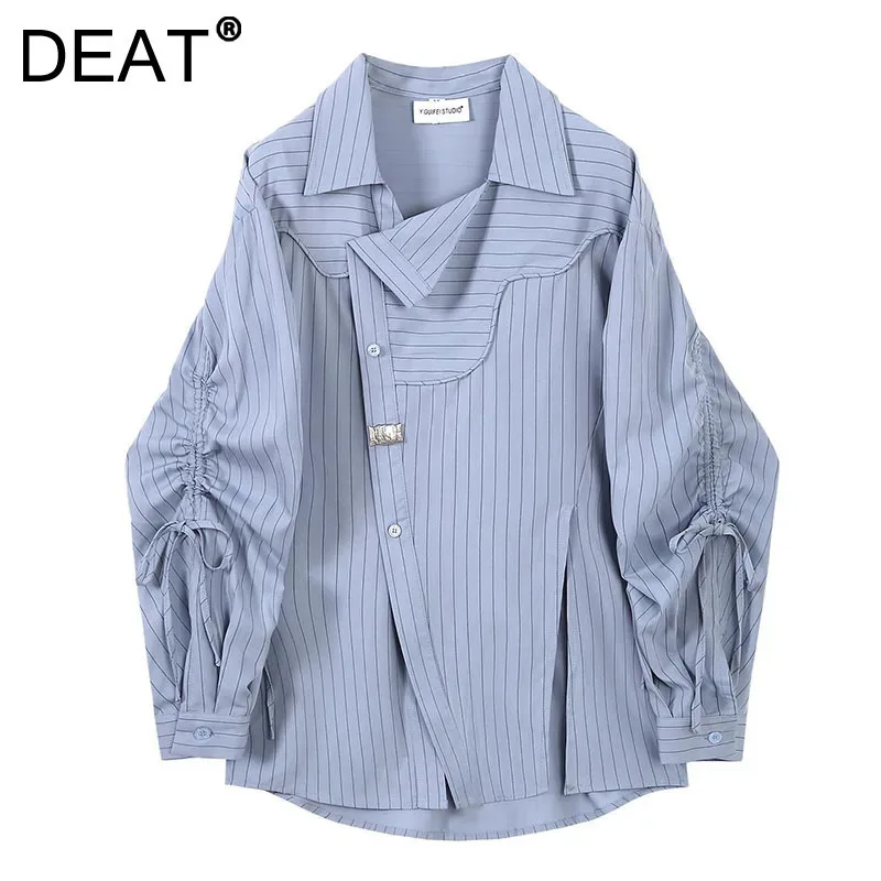 DEAT Fashion Blue Vertical Stripes Shirt Women's Lapel Loose Diagonal Placket Long Sleeves Drawstring Blouse New 7AB8101