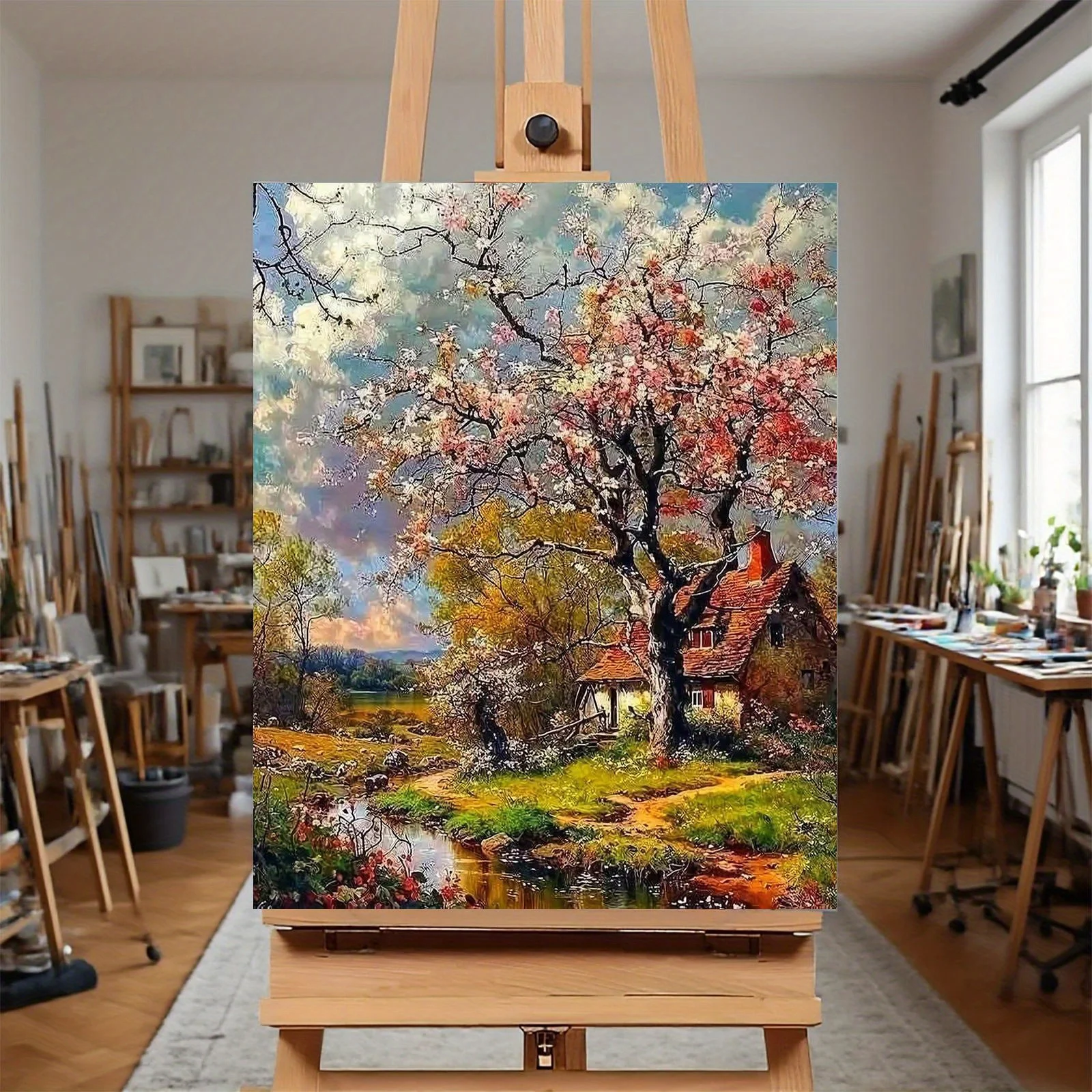 Professional Art Use: A Frameless DIY Digital Oil Painting Kit Featuring a Pastoral-style Cottage with Blooming Flowers and a