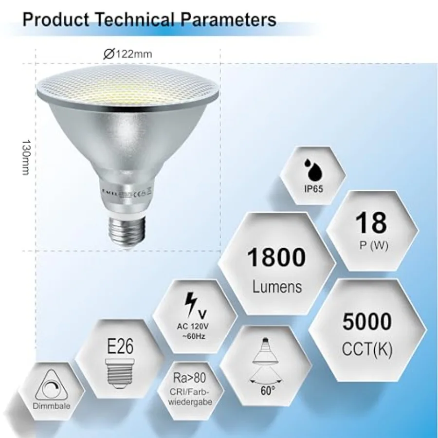 IP65 PAR38 LED Bulbs Dimmable, E26 Standard Base, 1800 lumens, 18W Equivalent 120W, 25, 000 Hours Lifetime Energy Efficient Lig