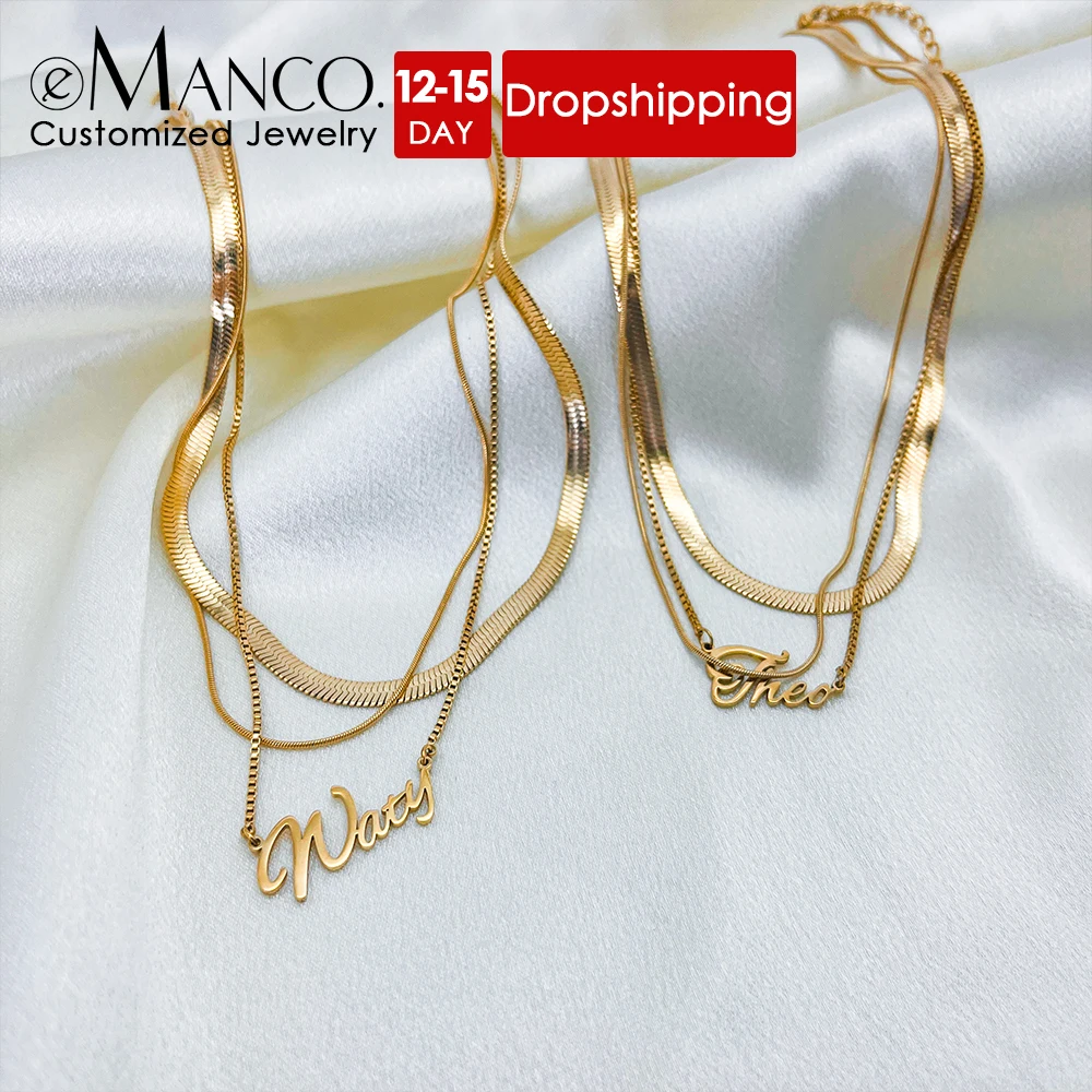 eManco Customized Name Necklaces Women's Layered Round Snake Chain Accessories Stainless Steel Multi-Layered Collarbone Chain