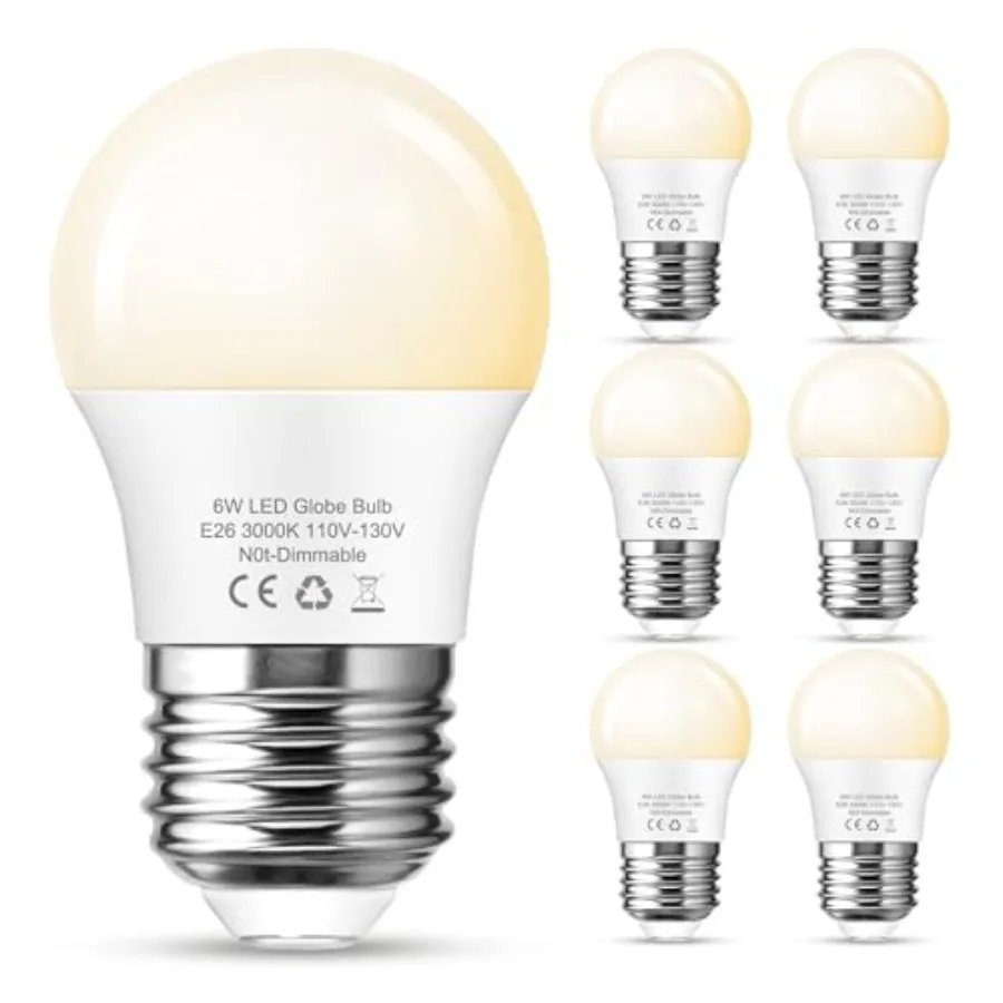 G45 LED White Light Bulb, E26 Base 6W 60Watt Equivalent Globe Small Light Bulbs, Non-Dimmable Warm Lighting for Vanity Mirror,