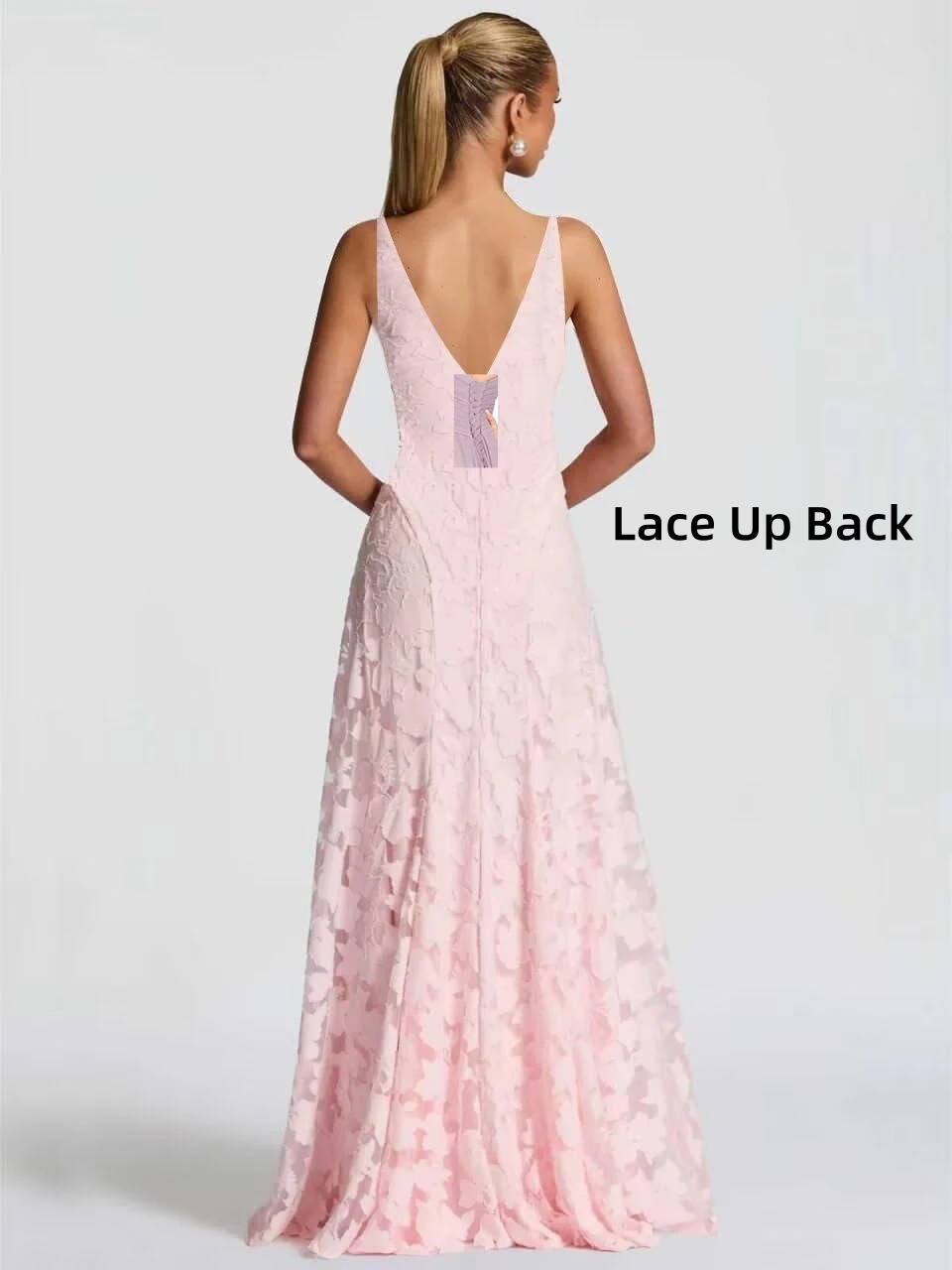 Abiti da damigella d'onore in pizzo floreale per donna Abito da sera formale in chiffon con doppio scollo a V