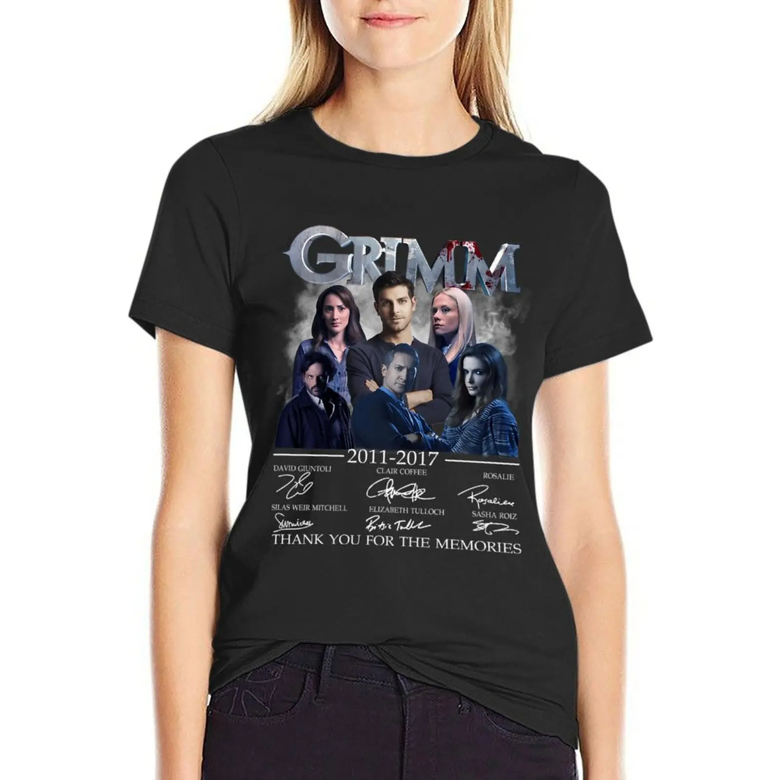 

Grimm Movie 2011-2017 Cast Full Signed David Giuntoli Bitsie Tulloch Mens Womens black T-Shirt