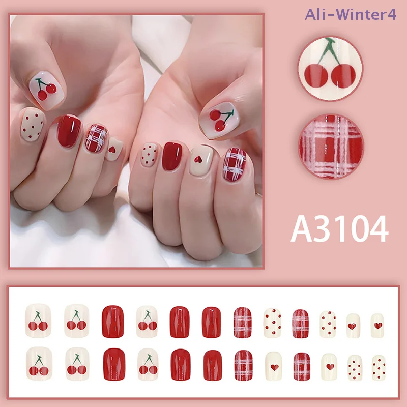 

【Winter4】24Pcs Polka Dot Heart Check Cherry Short Square False Nails With Jelly Adhesive Full Cover Press On Artificial Nails