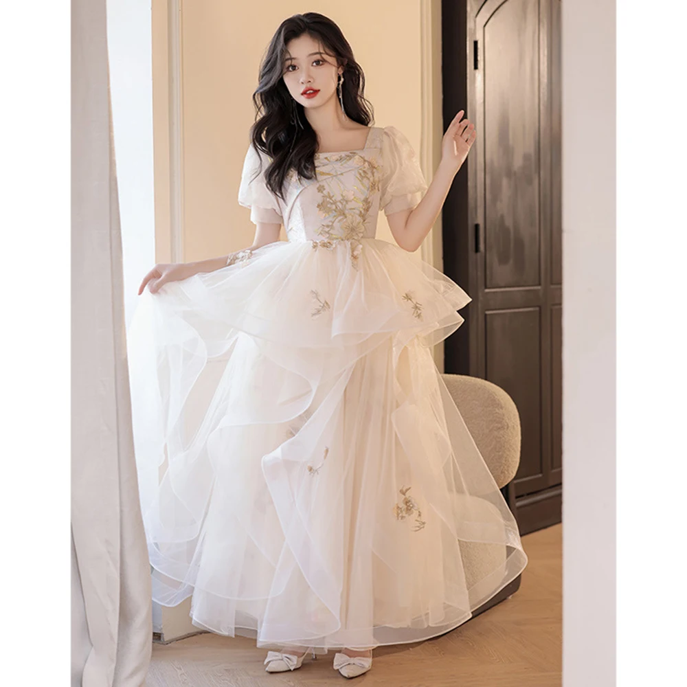

Elegant Champagne Evening Dress Women's Square Collar Bubble Sleeve Flower Appliques Prom Gown Tiered Mesh Ankle-length Vestido