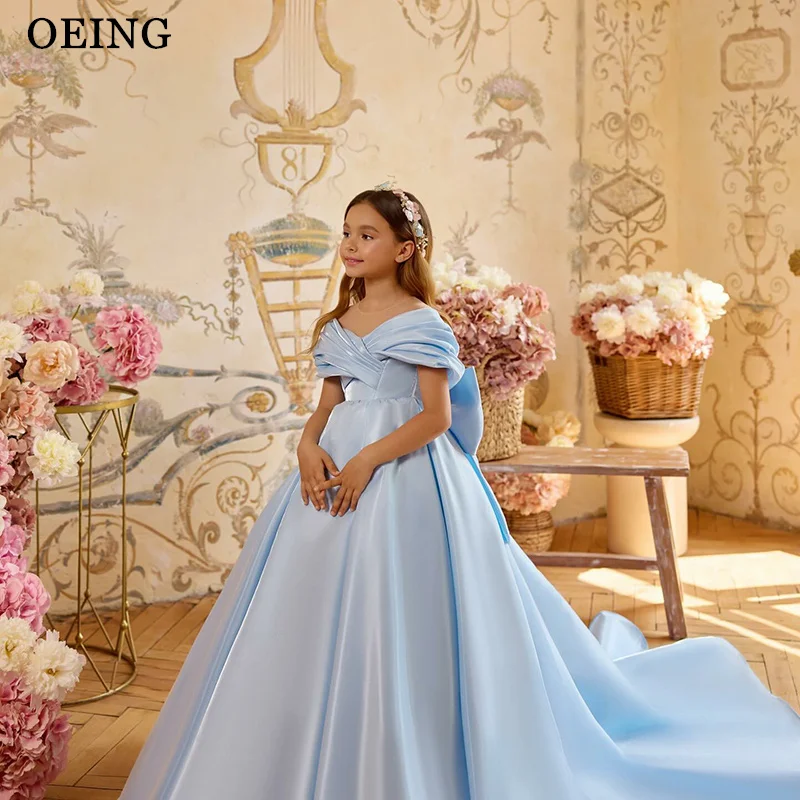 

OEING Elegant A-Line Flower Girl Dresses Princess Sky Blue Maxi Wedding Party Dress Draped Birthday Dress 2026 Customized