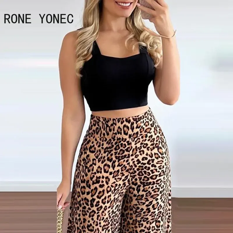 Women Chic Solid Sleeveless Thick Straps Crop Top& Leopard Pattern Bottoms Pants Sets