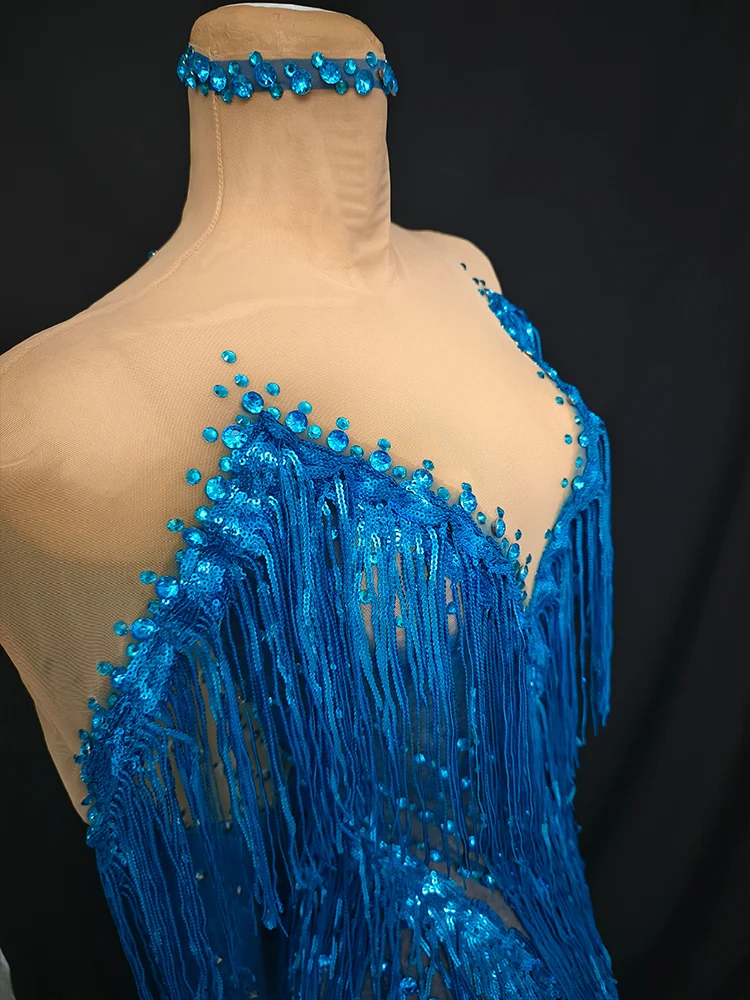 블루 라인스톤 프린지 스커트 거즈 메쉬 시스루 테일링 드레스 칵테일 가운 여성용 화려한 파티 프롬 댄스 나이트클럽 의상