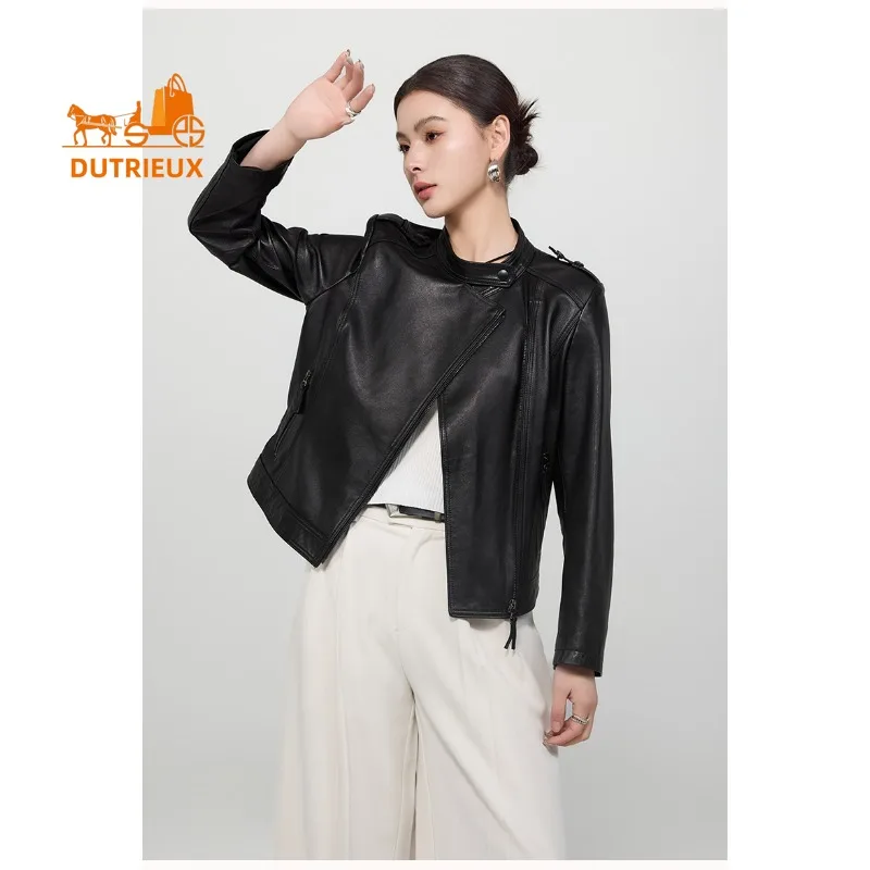 Autumn and Winter Short Stand Collar Slim Motorcycle Real Leather Jacket, 100% Genuine Sheepskin, High Quality Durable Coat