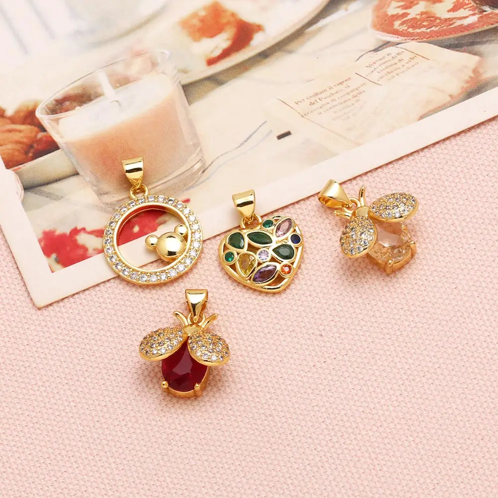 OCESRIO Trendy Colorful Crystal Heart Pendant for Necklaces Copper Gold Plated Bee Round Jewelry Making Component pdtb726
