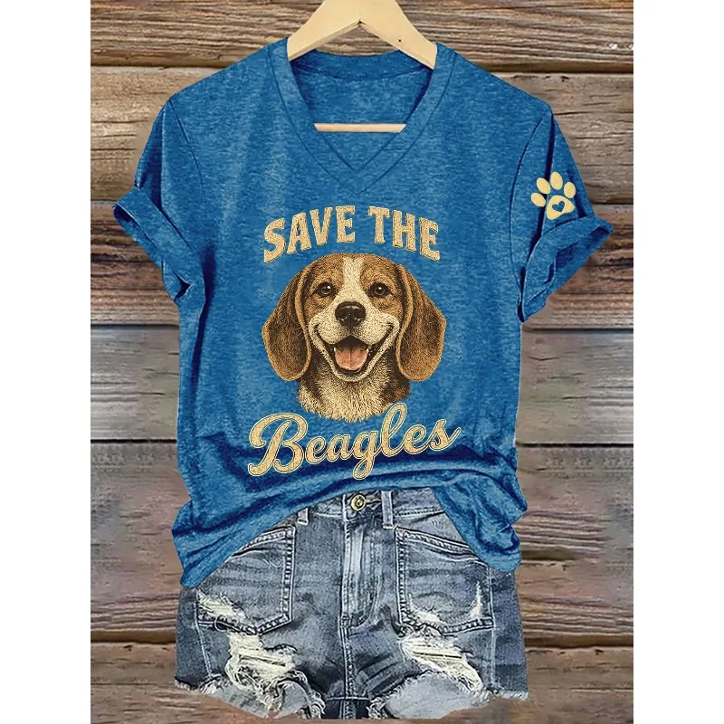 ilstile Women's Save The Beagles Dog Print T-Shirts Summer Short Sleeve Casual T Shirt V Neck Tops Black White Tees New Arrival
