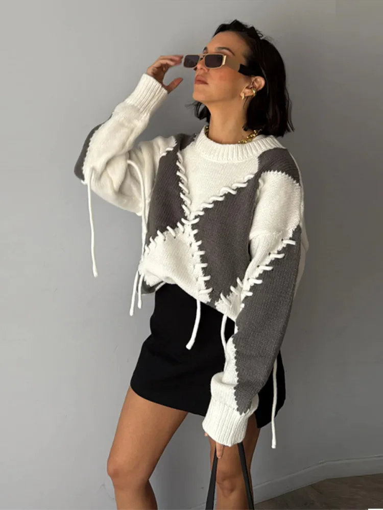 

Winter Sweater Women Patchwork Casual Knit Pullovers Thick Warm Harajuku Loose Knitted Autumn Sweaters O-neck Streetwear