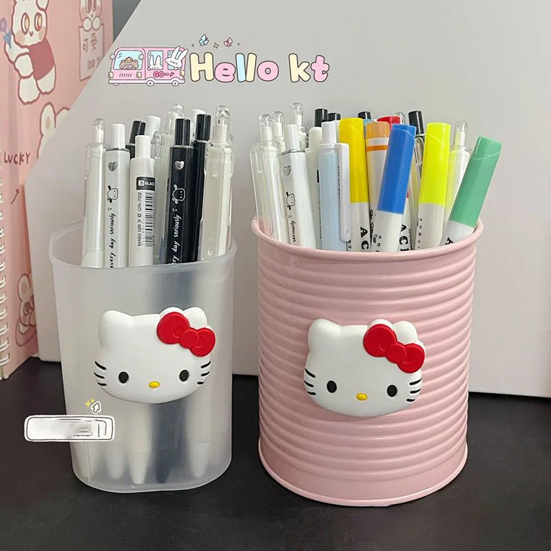 2Pcs Kawaii Sanrio Anime Round Storage Pen Holder Cute Hello Kitty Cartoon 3D Smt Light Luxury Large Capacity Storage Gift Girls