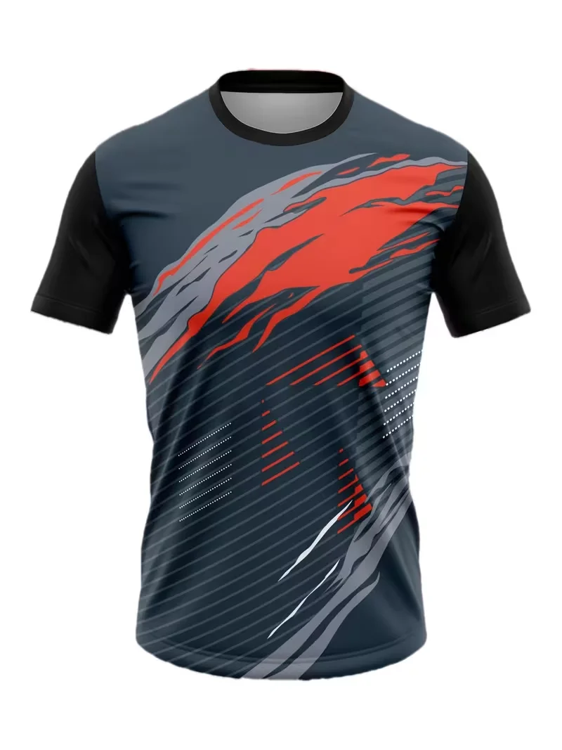 Mens T-shirt dark base red gray torn shape slant stripe dash line graphic print short sleeve crew neck sports casual top