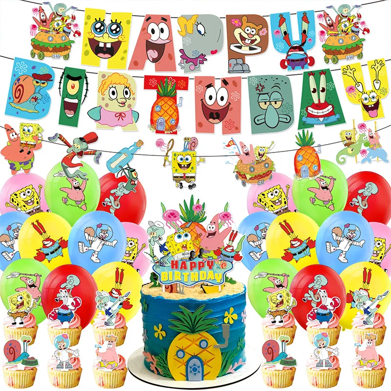 SpongeBob SquarePants Birthday Party Supply Disposable Banner Cake Topper Hanging Flag SpongeBob Balloon Set Birthday Decoration