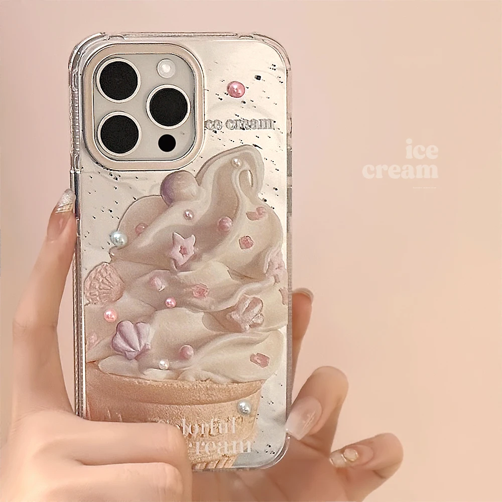 Luxury Silver Taro Flavored Ice Cream Pearl Phone Case for iPhone 15 14 13 12 Pro Max Plus Metal Lens Frame Bumper Cover