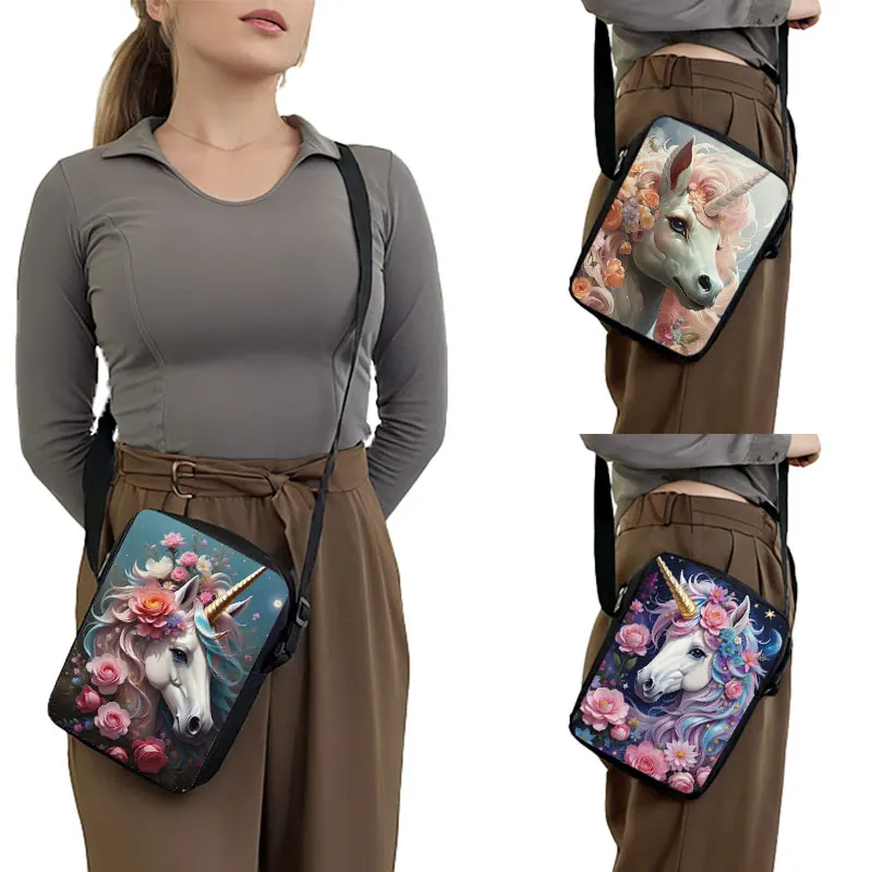 

Cute Unicorn with Flower Print Crossbody Bag Fantasy Unicorn Women Shoulder Bag Phone Card Key Holder Teenager Messenger Bag