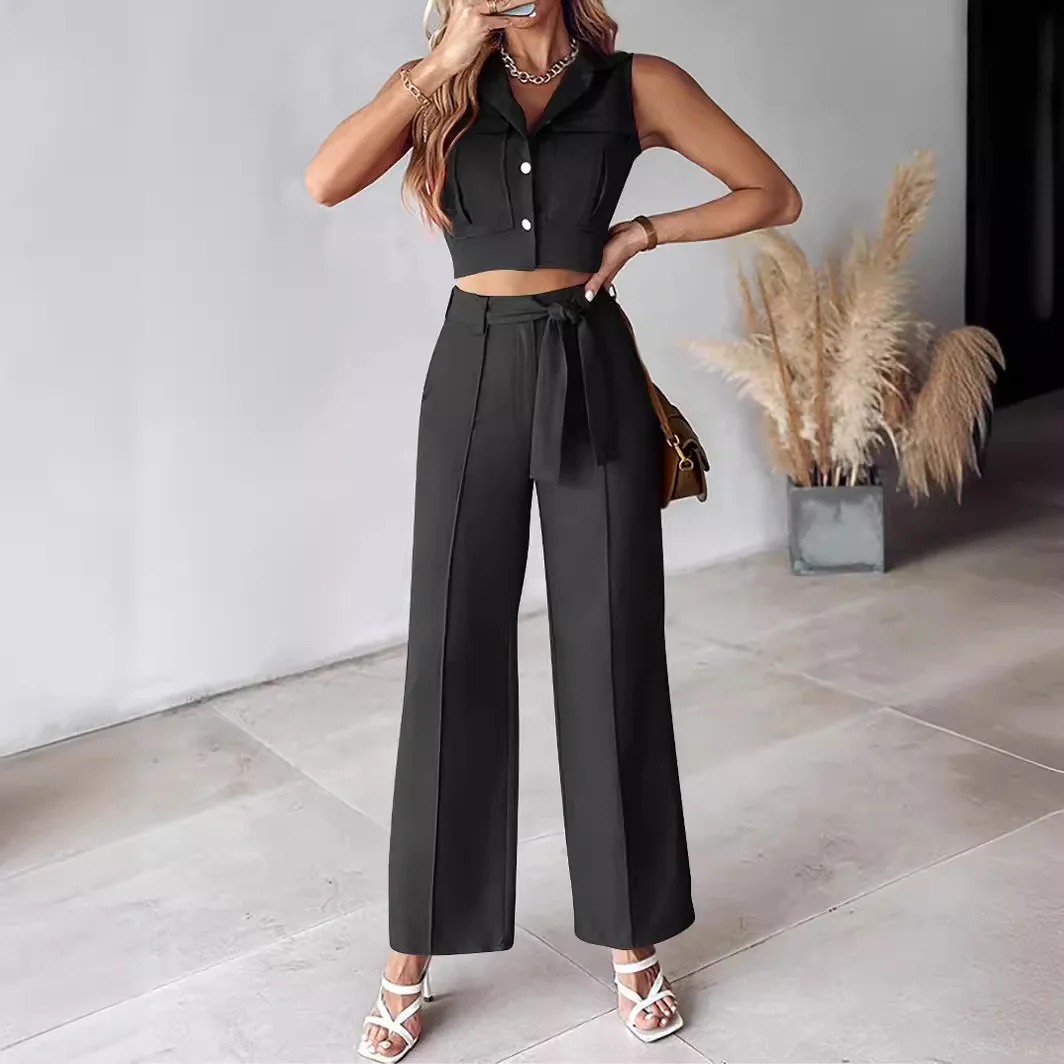 Fashion Solid Suit For Women Elegant Lapel Single Breasted Sleeveless Top Lace Up Straight Trousers Two Piece Set Summer New