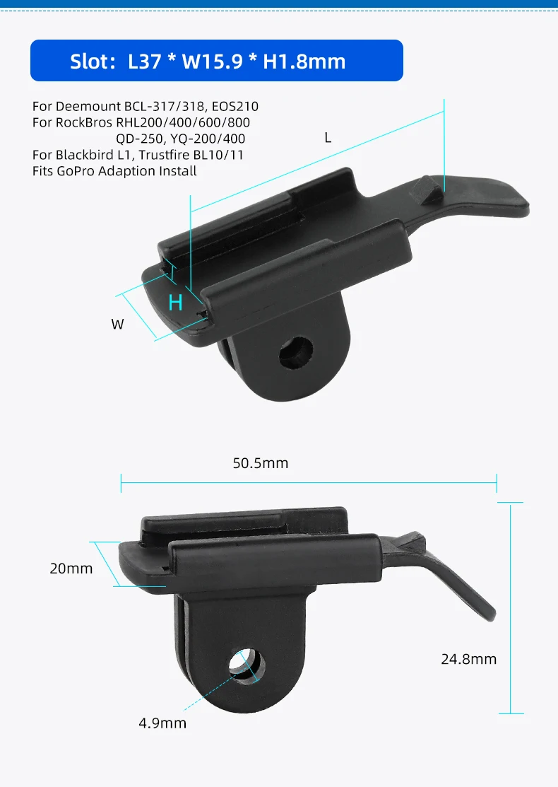 Deemout Fahrrad-LED-Lampenfassung, vordere Lichthalterung am Lenker/Vorbau/Gabel/Helm mit GoPro-Schnittstelle, passend für Rockbros/Blackbird – Detail 2