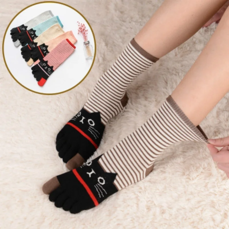 

Ladies Autumn and Winter Horizontal Striped Cat Cotton Five Finger In The Tube To Keep Warm Cotton Toe Socks