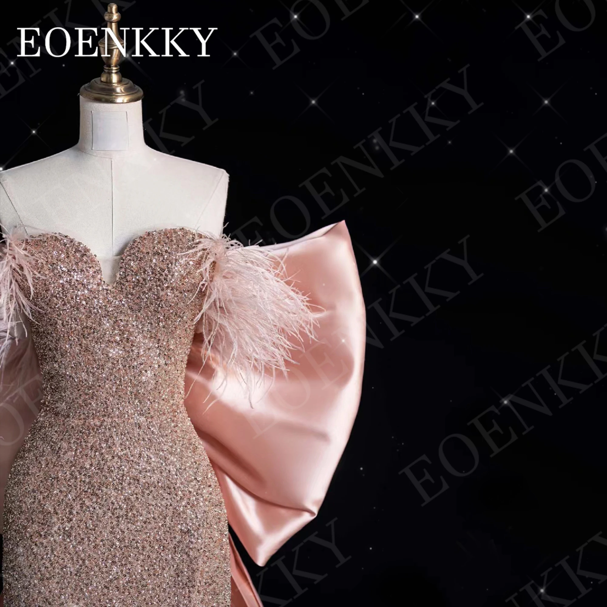 EOENKKY Luxury Mermaid Evening Dress Sparkly Sequins Feathers Off Shoulder Special Occasion Dresses Split Detachable Bow Train