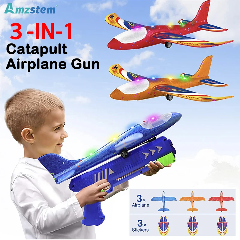 Children Foam Plane Launcher with 3 Aircraft Outdoor Sports Catapult Airplane Gun Toy For Kids Shooting Fly Foam Plane Glider