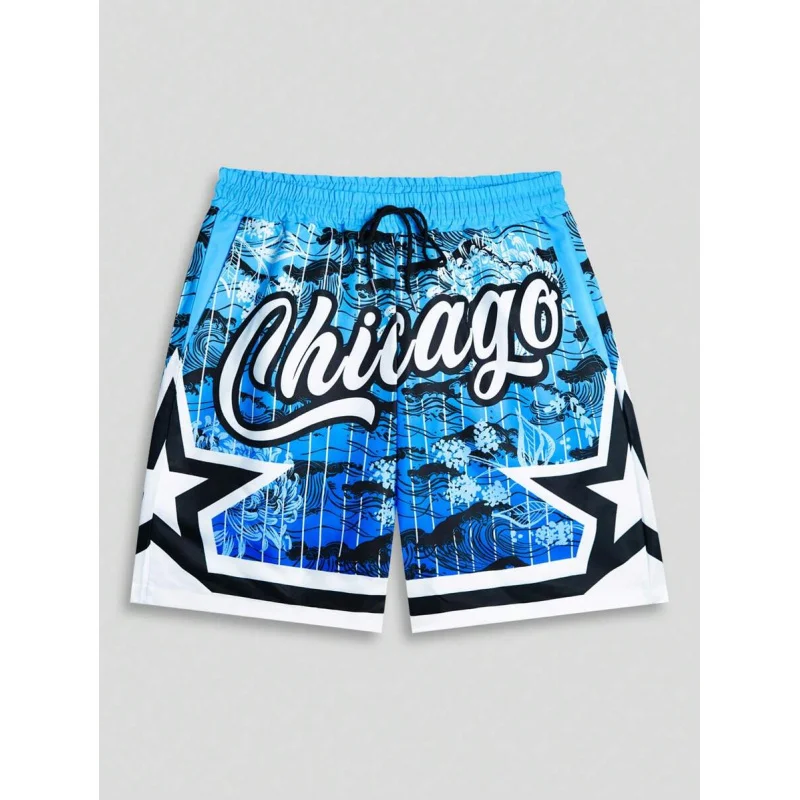 MEN Street Life Men's Letter Print Round Neck Short Sleeve Casual Basketball Jersey Style T-Shirt And Drawstring Waist Sho