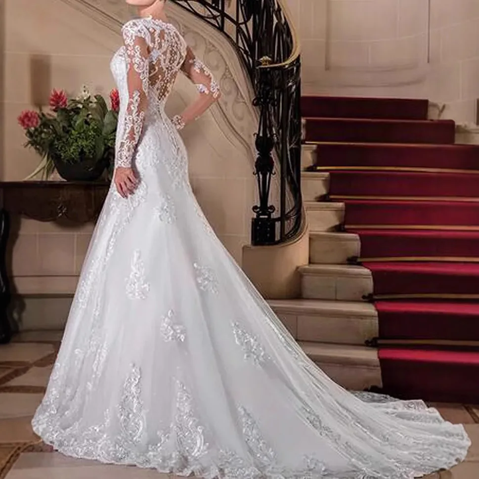 فساتين زفاف حورية البحر برقبة على شكل حرف V وأكمام طويلة فساتين زفاف فاخرة فستان زفاف الكنيسة مخصص للنساء