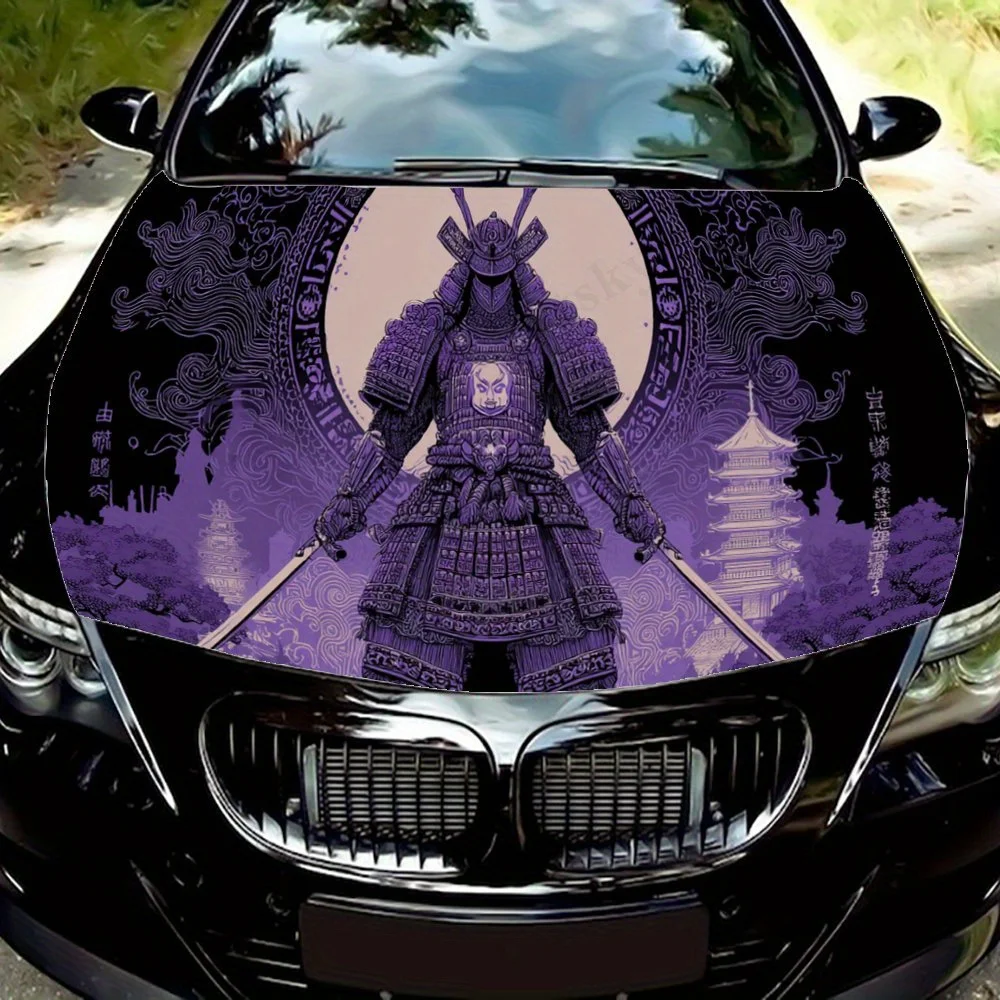 

Purple Samurai Ukiyo - e Car Vinyl Wrap, PVC Waterproof Car Hood Sticker, Self-Adhesive Scratch-Resistant Stickers for Engine Co