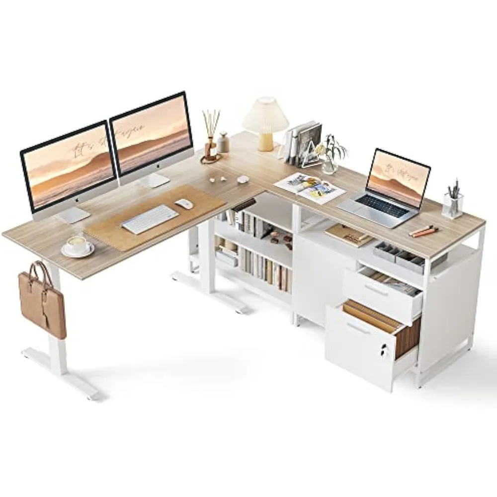 

L Shaped Executive Standing Desk with File Cabinet & Shelves, Electric Height Adjustable, Light Walnut